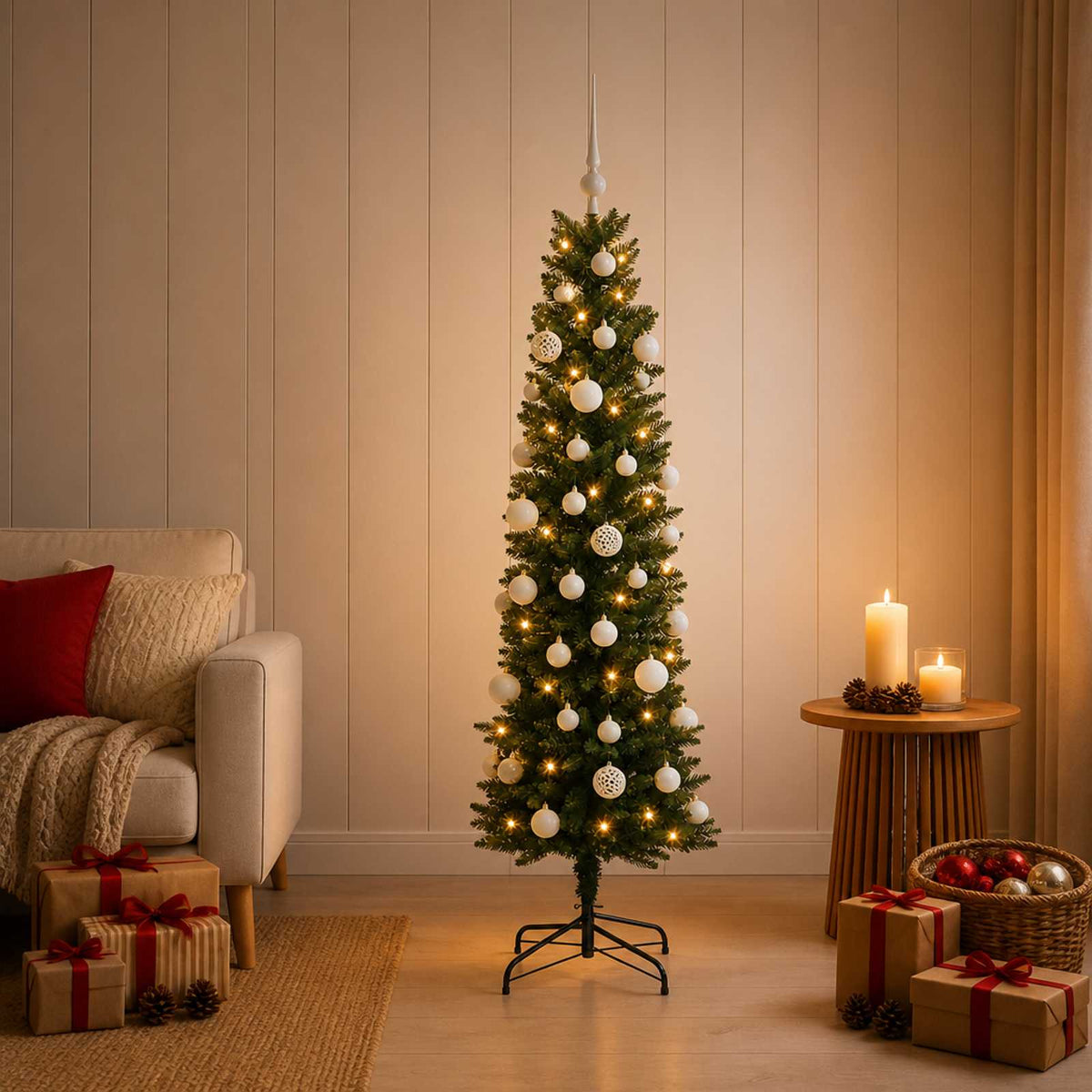 Artificial Slim Christmas Tree Bauble LEDs Green white balls