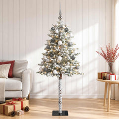 Artificial Christmas Tree with Bauble 300 LEDs Green and White 180 cm with LEDs & white/grey balls