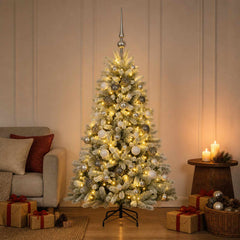 Artificial Christmas Tree with Bauble 150 LEDs Green and White 150 cm with LEDs & white/grey balls