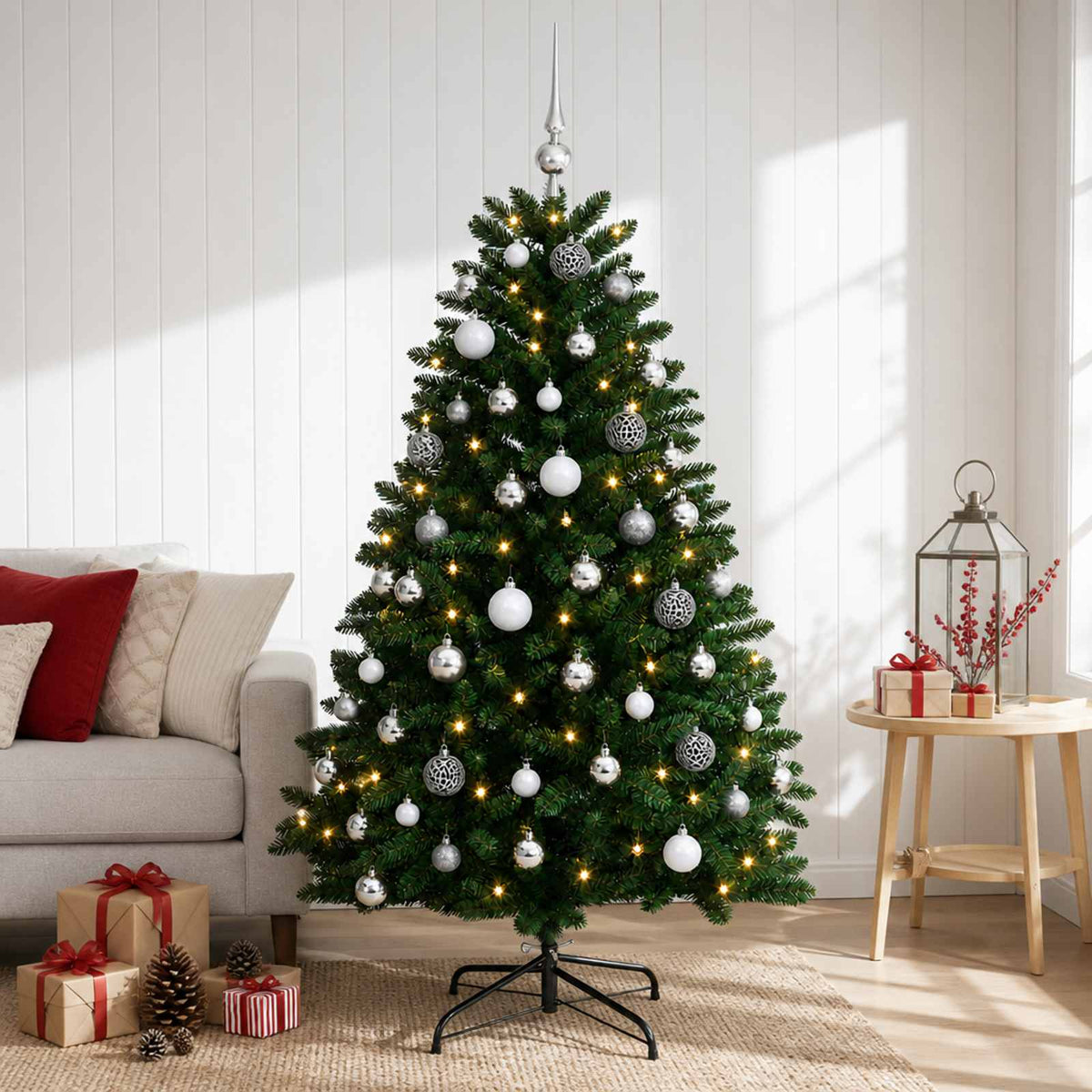Artificial Christmas Tree Mid-green Ornament Medium Green LEDs&white/grey balls