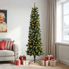 Artificial Slim Christmas Tree with Bauble 300 LEDs Green 210 cm with LEDs