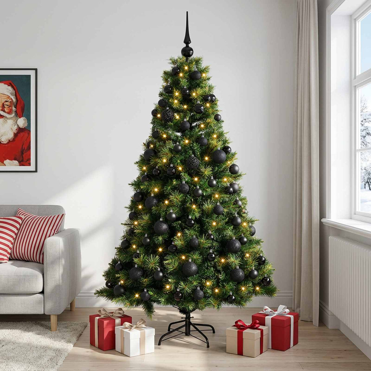 Artificial Christmas Tree with Bauble 300 LEDs Green Height 210 cm with LEDs & black balls
