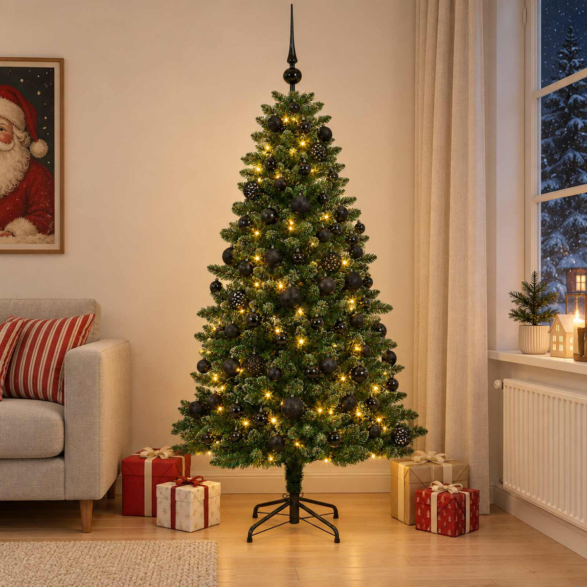 Artificial Christmas Tree with Bauble 300 LEDs 180 cm with LEDs & black balls