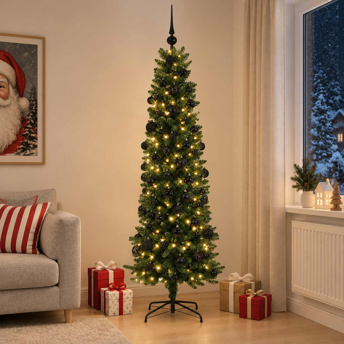 Artificial Slim Christmas Tree with Bauble 300 LEDs Green 210 cm with LEDs & black balls