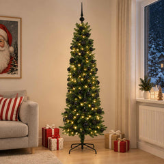 Artificial Slim Christmas Tree with Bauble 300 LEDs Green 210 cm with LEDs & black balls
