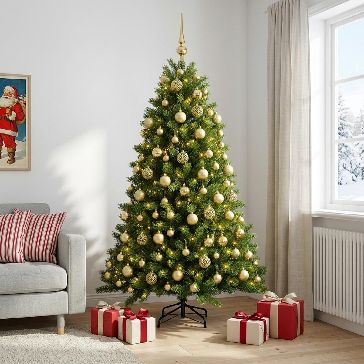 Artificial Christmas Tree with Bauble 300 LEDs Green 180 cm with LEDs & gold balls