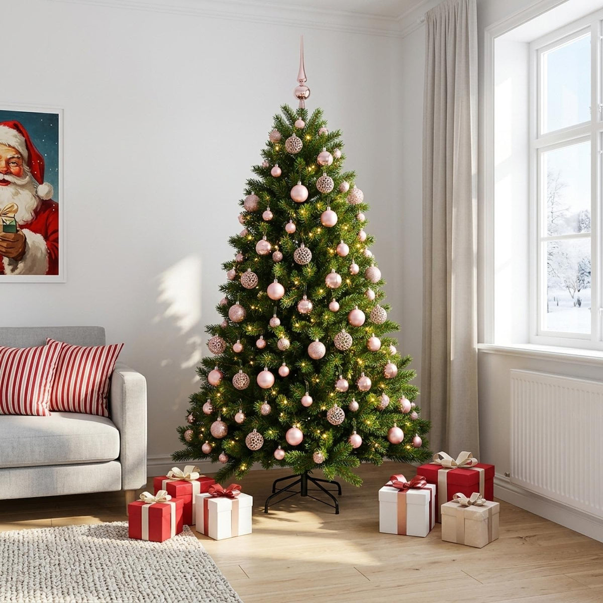 Artificial Christmas Tree with Bauble 300 LEDs Green 180 cm with LEDs & pink balls