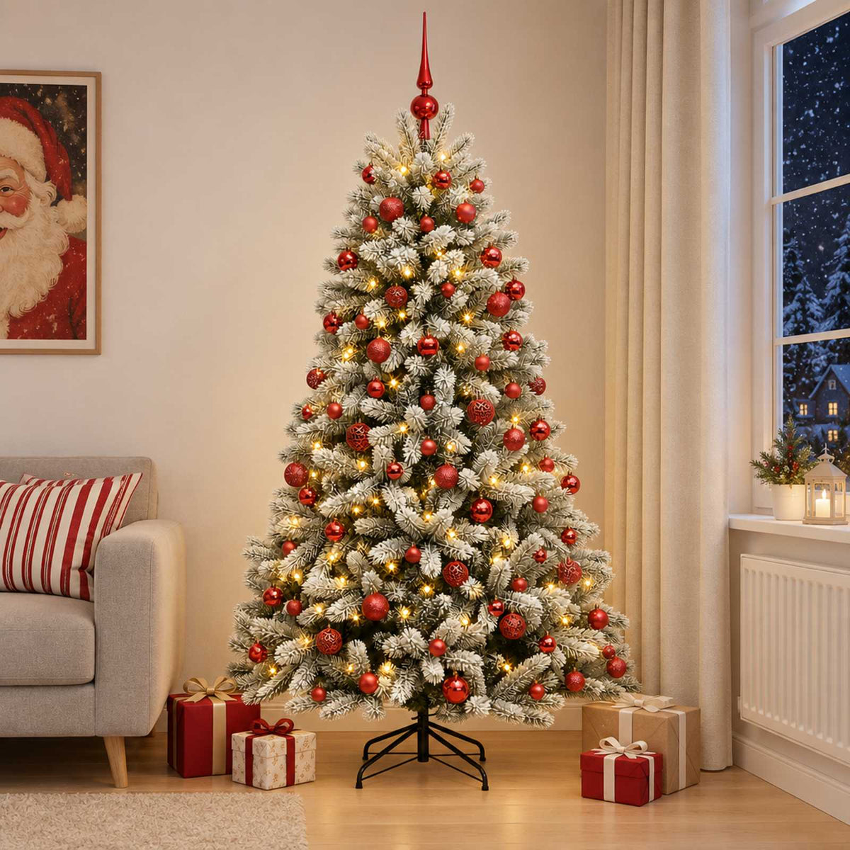 Artificial Christmas Tree with Bauble 300 LEDs Green and White 240 cm with LEDs & red balls