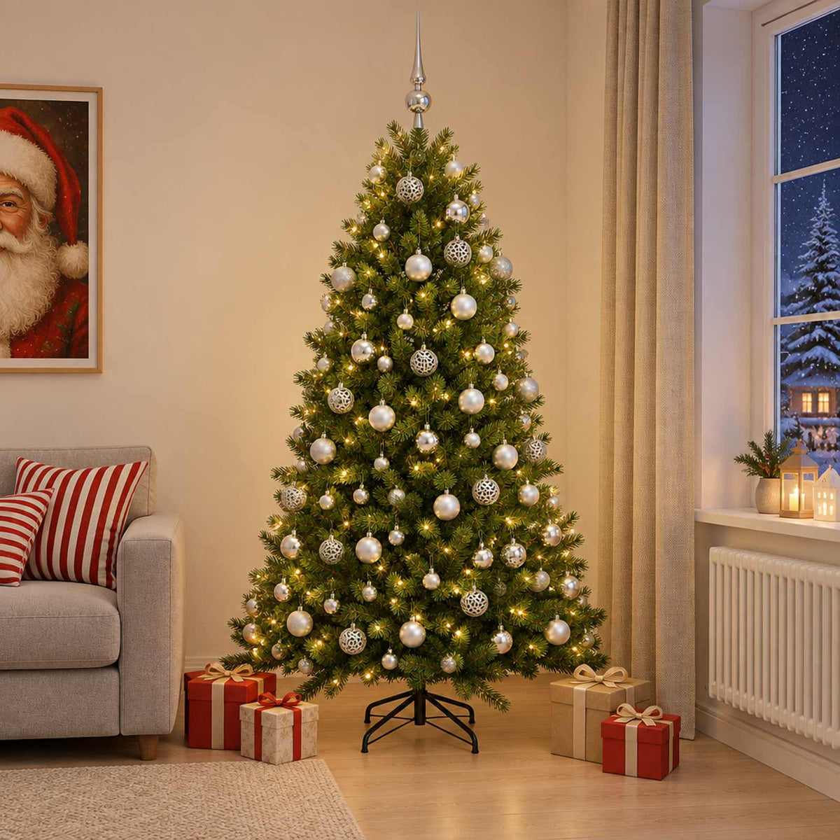 Artificial Christmas Tree with Bauble 300 LEDs Green 180 cm with LEDs & silver balls
