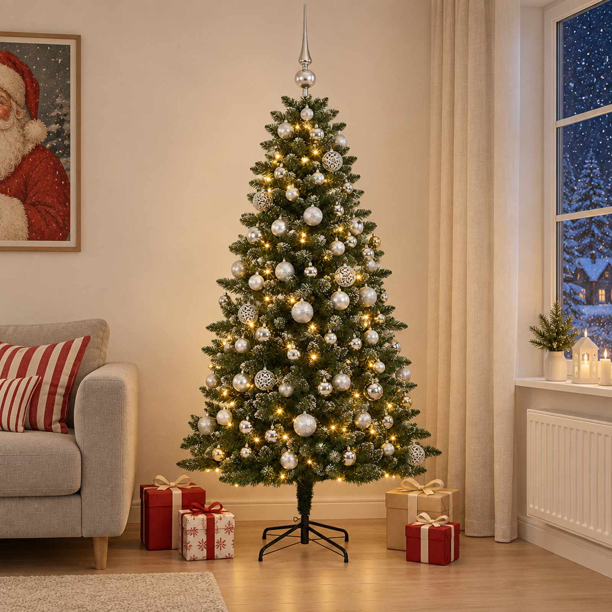Artificial Christmas Tree with Bauble 300 LEDs 180 cm with LEDs & silver balls