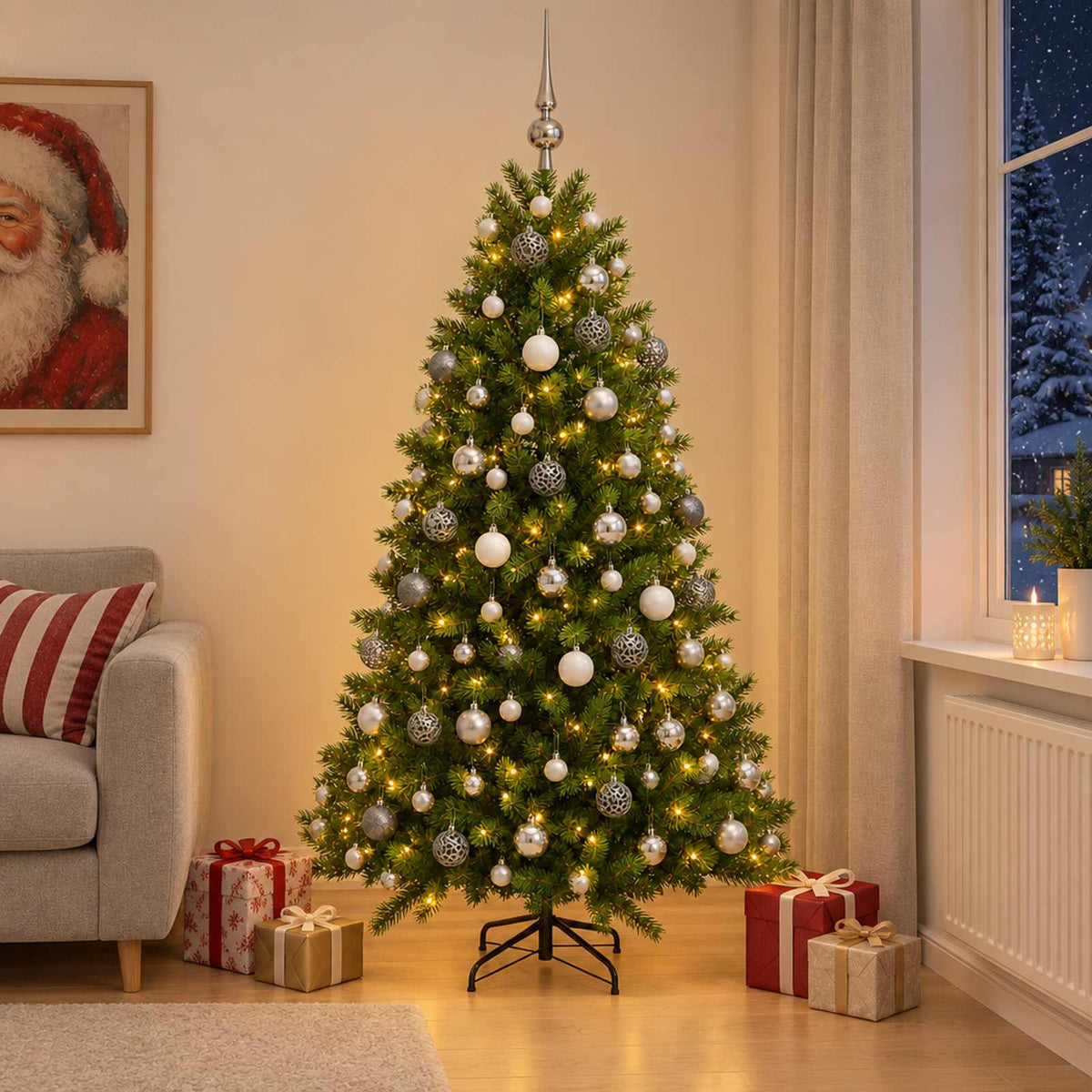 Artificial Christmas Tree with Bauble 300 LEDs Green 180 cm with LEDs & white/grey balls