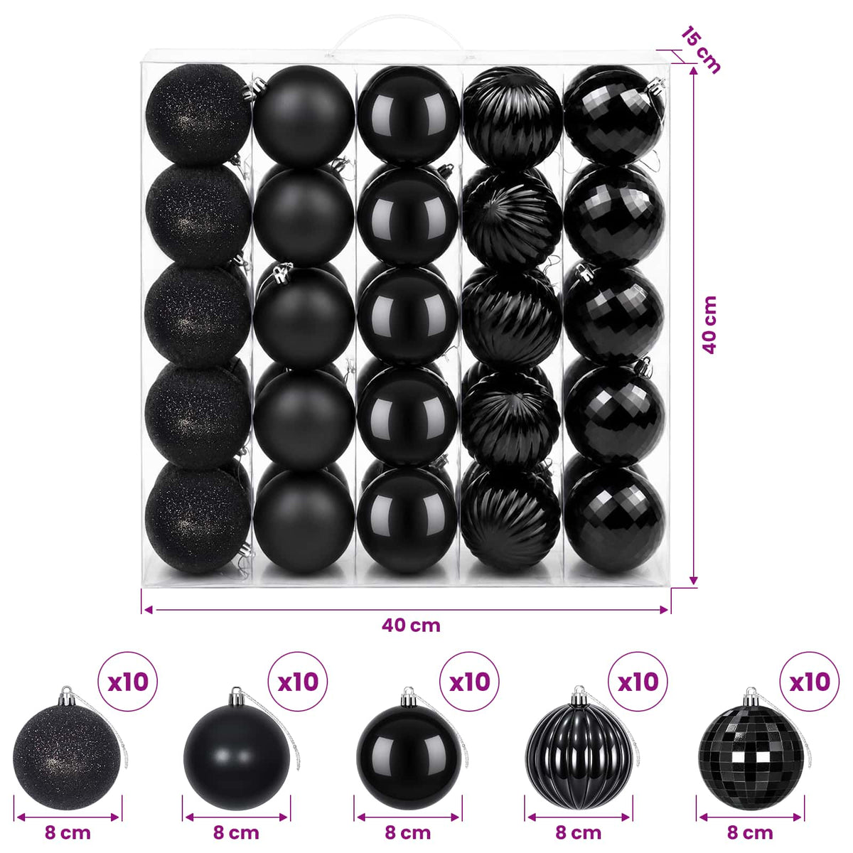 vidaXL Christmas Ball Set 50 pcs Black 8 cm Polystyrene 6