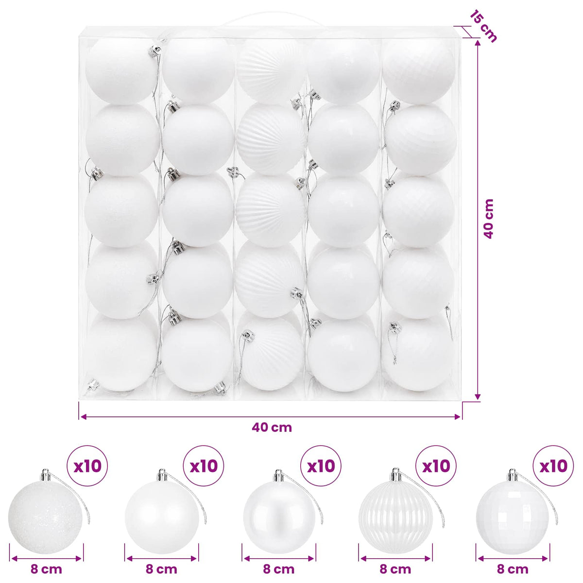 vidaXL Christmas Ball Set 50 pcs White 8 cm Polystyrene 6