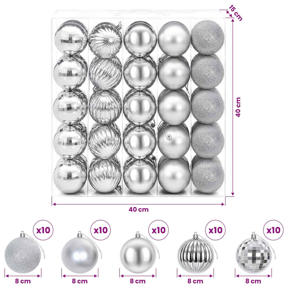 vidaXL Christmas Ball Set 50 pcs Silver 8 cm Polystyrene 6