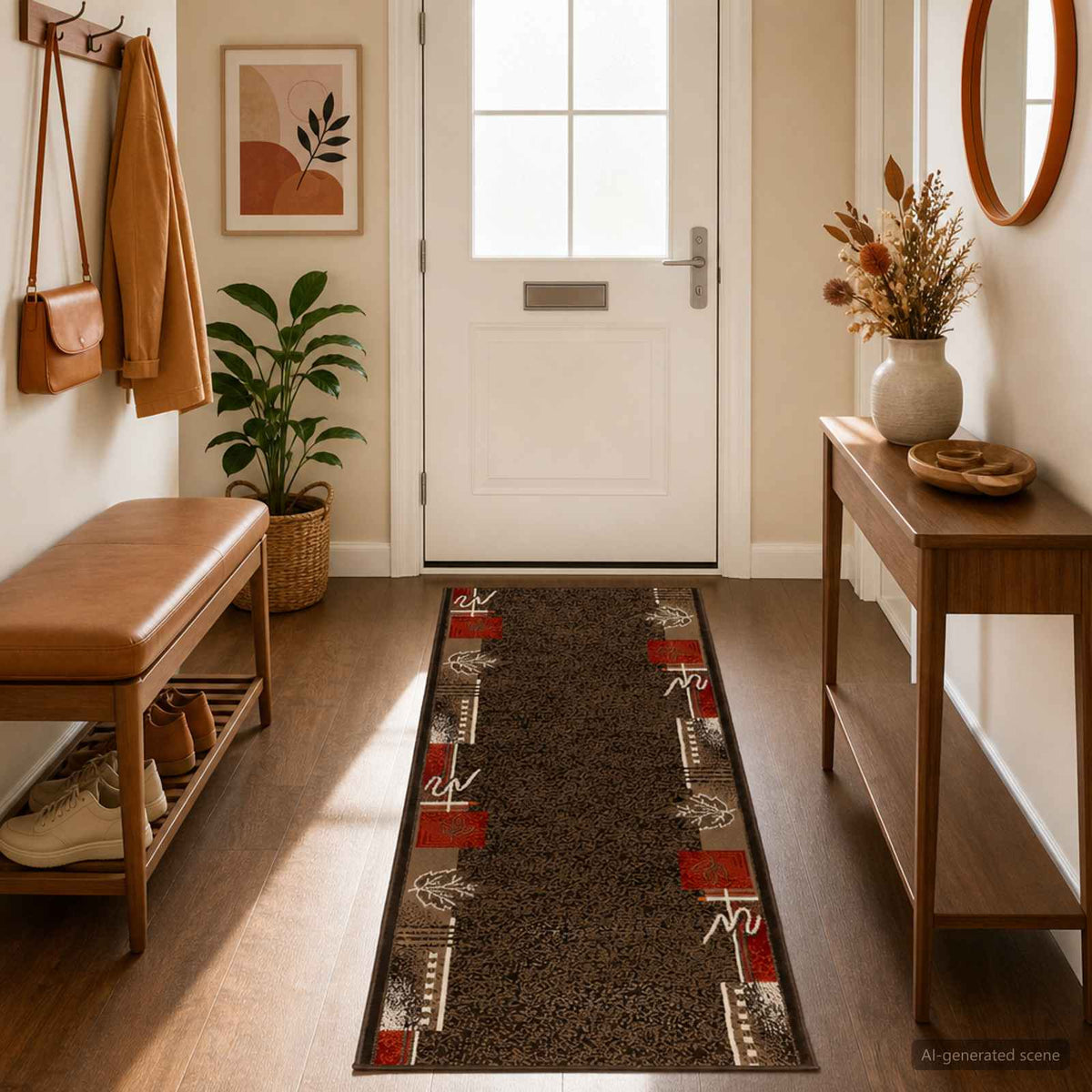 Runner Rug FLORNES Woven 67 x 200 cm PP 7 mm Width 67 cm Length 200 cm Brown leaves