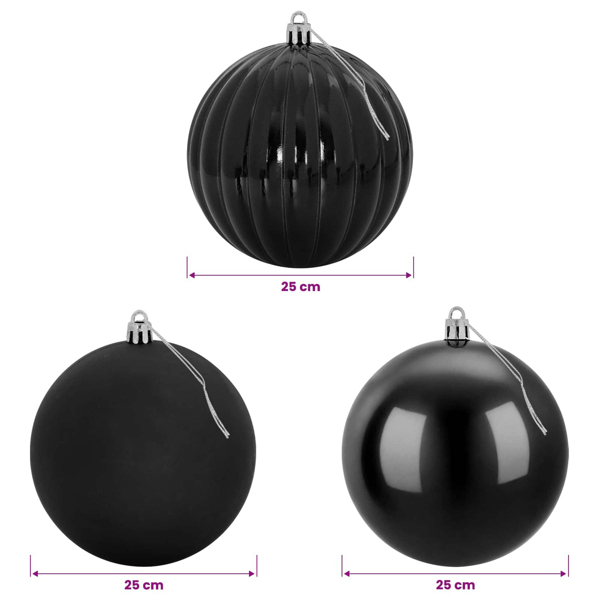 vidaXL Christmas Ball Set XXL 3 pcs Black Dia. 25 cm Plastic 5