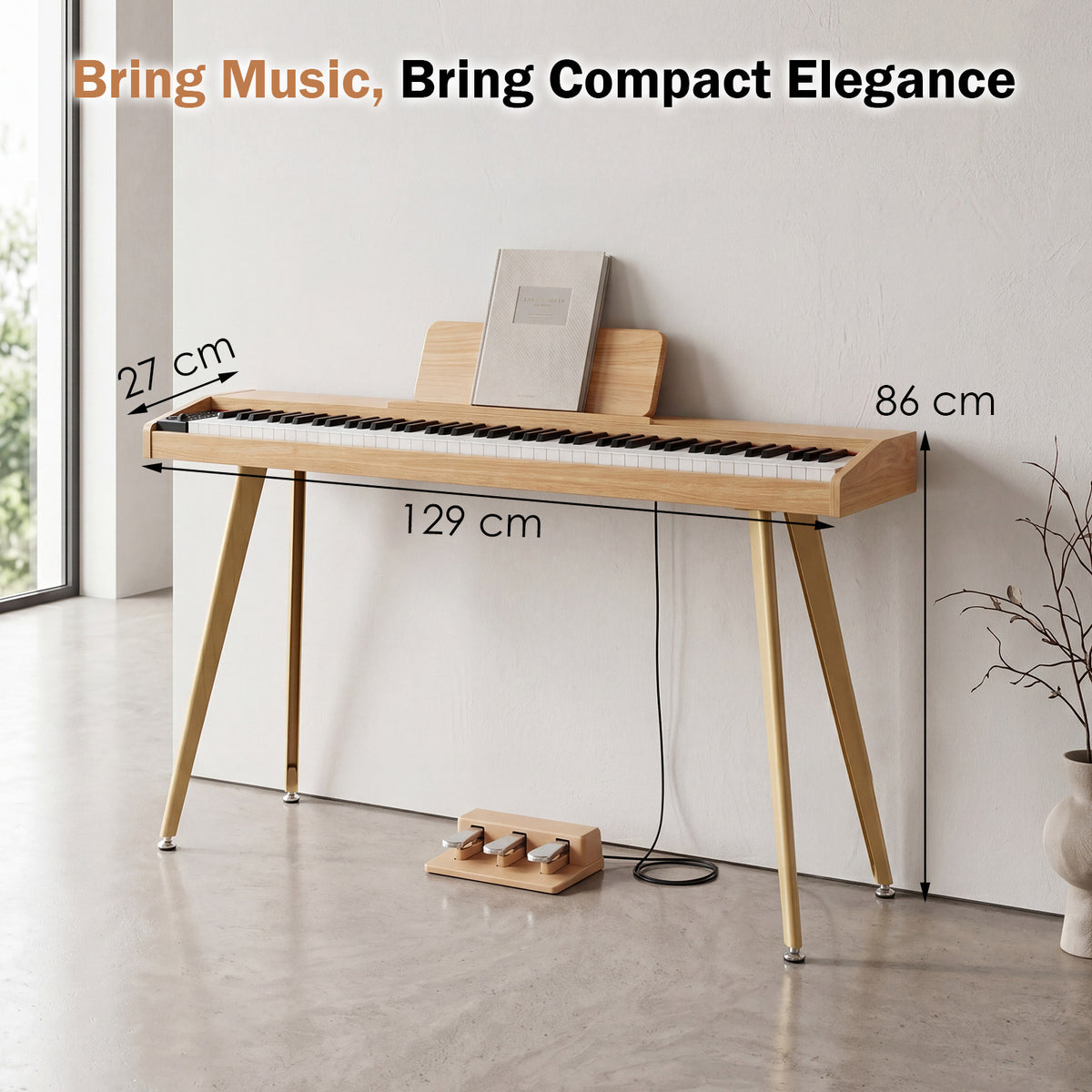 88-Key Digital Piano with 3 Pedals and 800 Tones and USB MIDI for Beginners-Natural