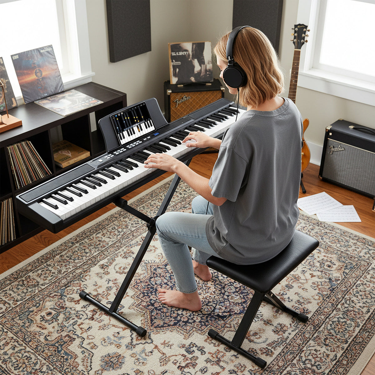 88-Key Electric Piano Keyboard Digital Piano with Adjustable Stand and Stool-Black