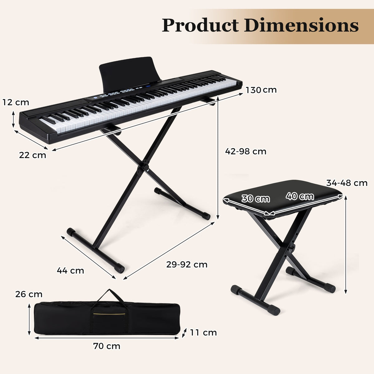88-Key Electric Piano Keyboard Digital Piano with Adjustable Stand and Stool-Black
