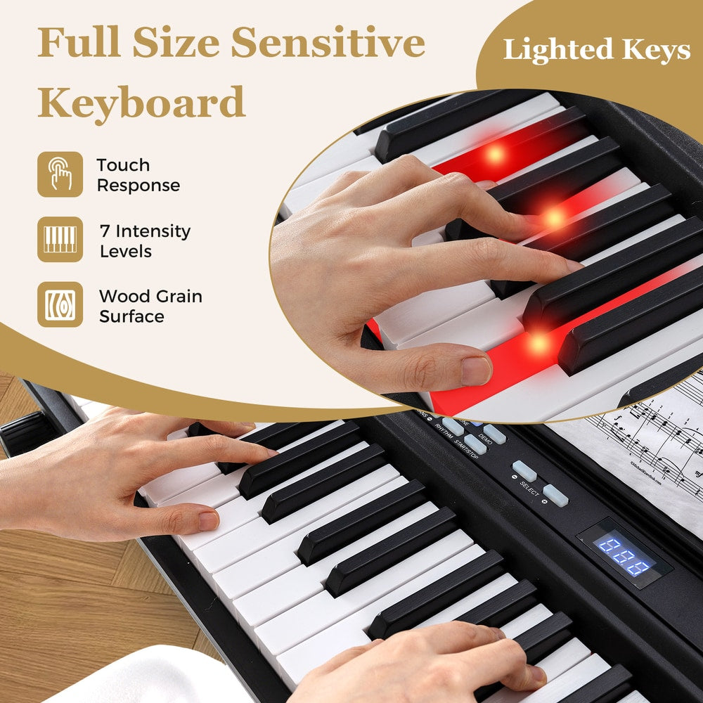 Close up of the full size sensitive keyboard with lighted keys