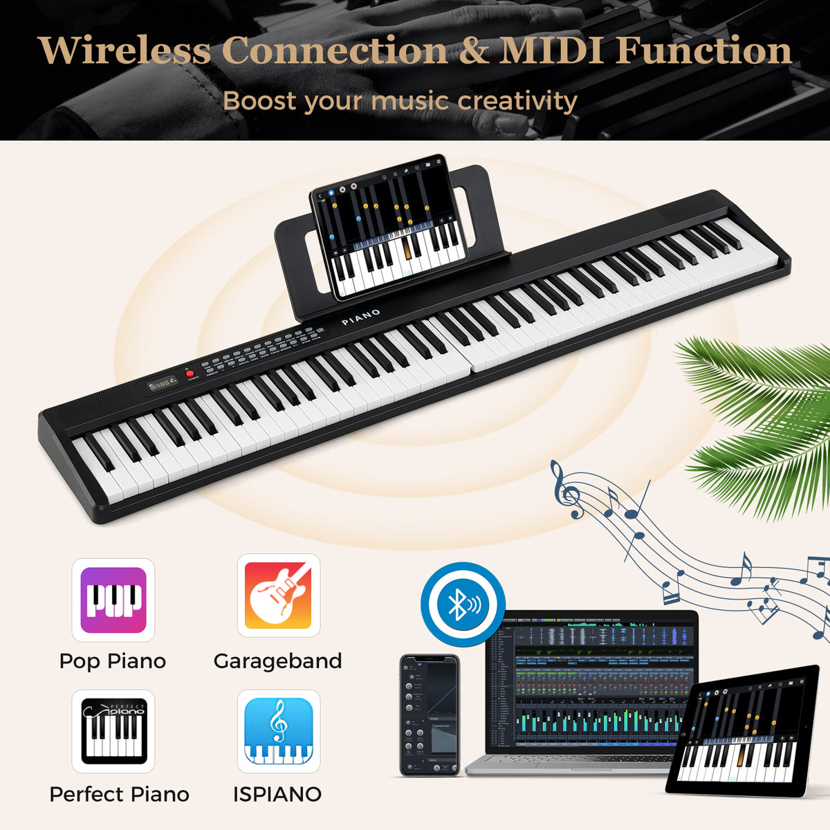 88 Key Foldable Piano Keyboard with MIDI Wireless Connection and Microphone-Black