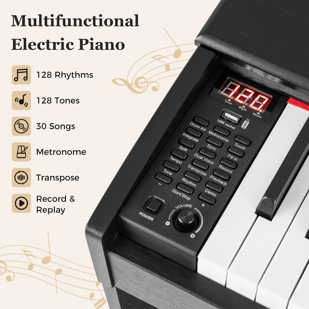 The control panel of the digital piano with buttons and a digital display screen