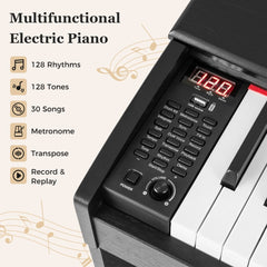 The control panel of the digital piano with buttons and a digital display screen