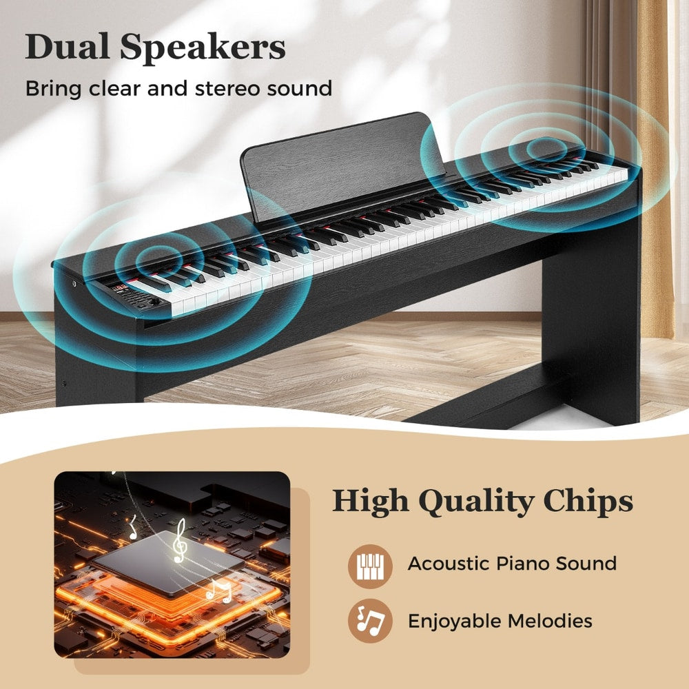 The digital piano showing sound waves and a graphic of internal electronic chips