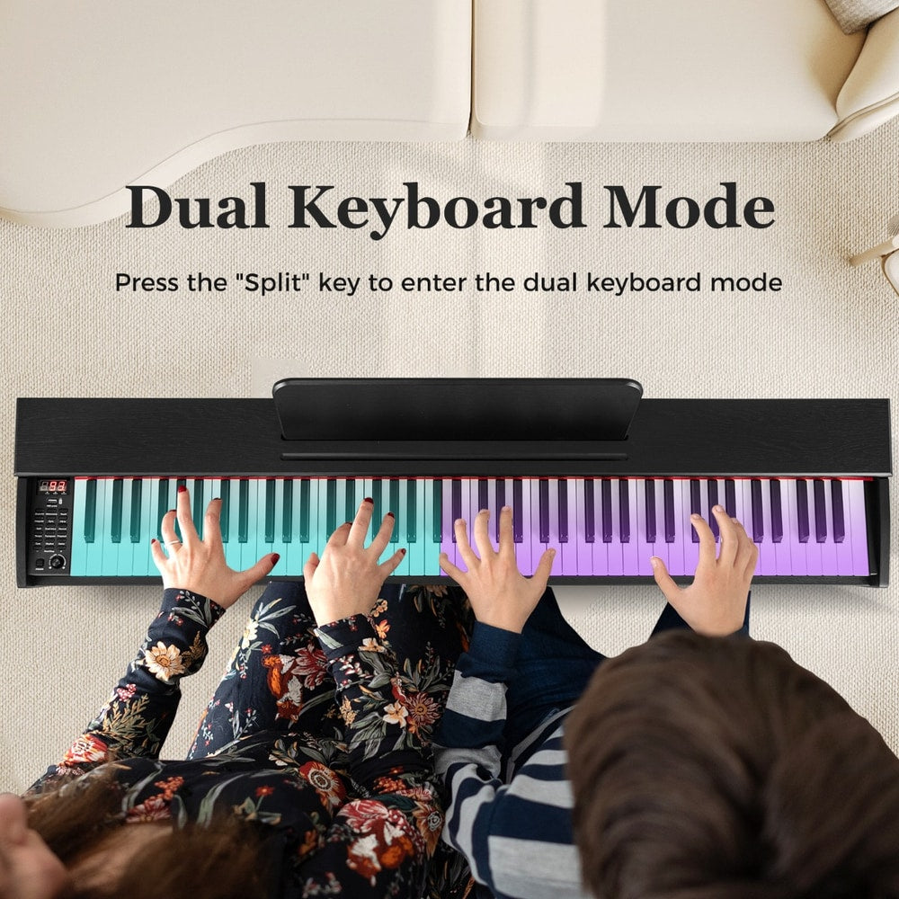 The digital piano being played by two people using the dual keyboard split mode