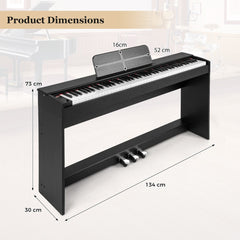 The digital piano with arrows and text indicating the height width and depth