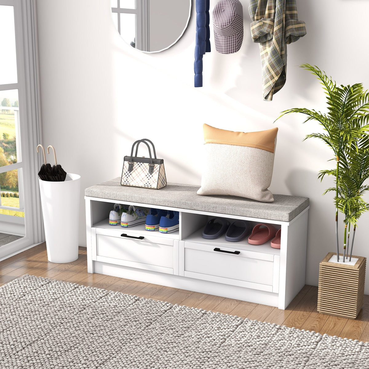 HOMCOM Shoe Bench with Removable Cushion, Shoe Storage Bench with Padded Seat, Open Compartments and Drawers for Entryway Hallway