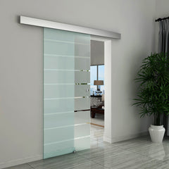 HOMCOM 90cm Sliding Glass Door with Hardware Track Kit, Frosted Tempered Glass with Stripe Pattern, Round Handle