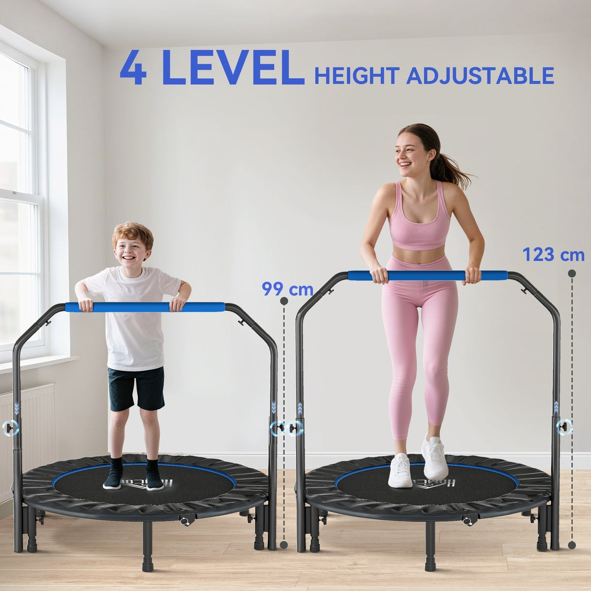 HOMCOM 48" Foldable Mini Fitness Trampoline, with Adjustable Foam Handle, Blue