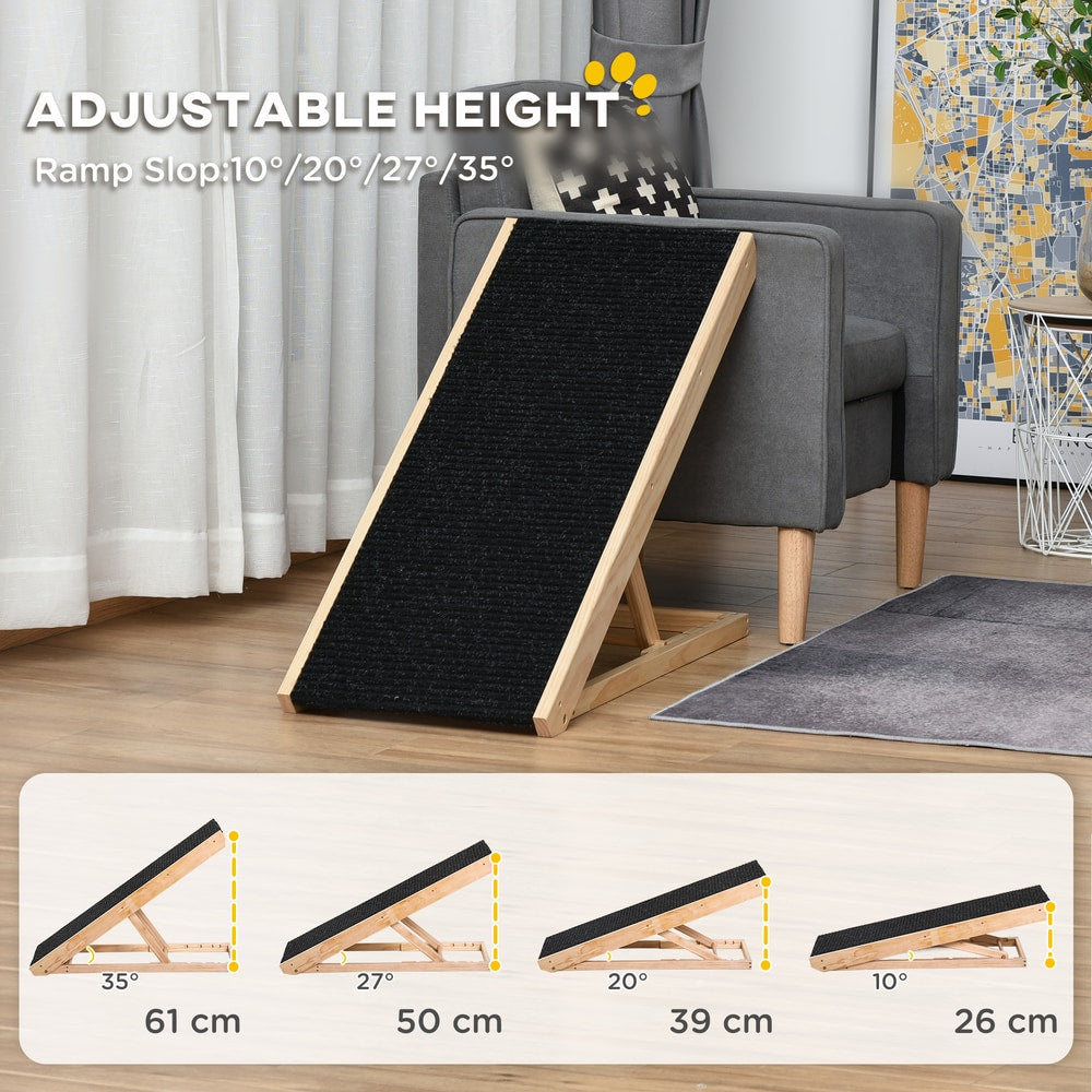 The pet ramp shown in four different height settings with labels for the slope angles