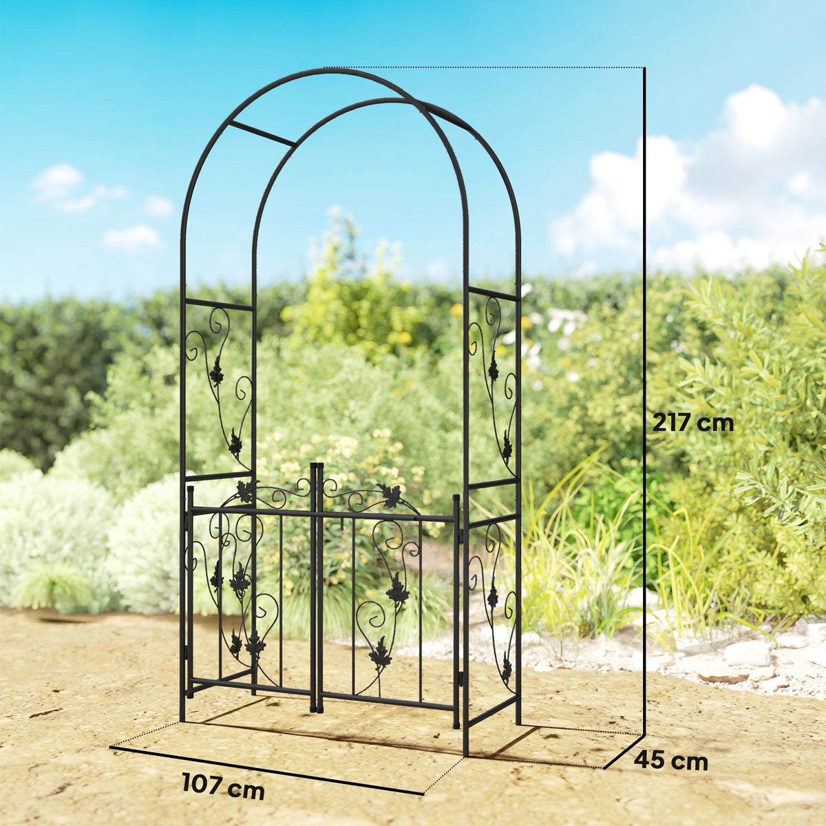 Outsunny 2.17m Steel Garden Arch with Gate, Wedding Arch for Outdoor, Garden, 107W x 45D x 217H cm Black