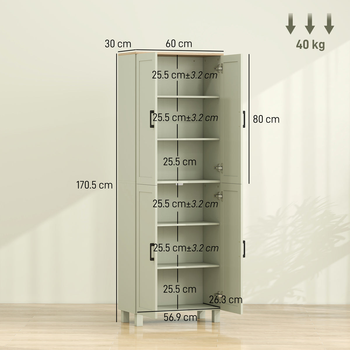 HOMCOM Freestanding Kitchen Cupboard, 4-Door Storage Cabinet with Adjustable Shelves, Modern Kitchen Pantry, 170cm, Green