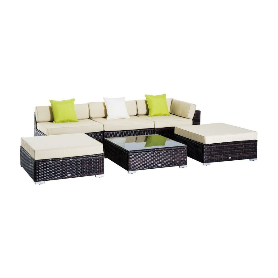 Outsunny 6 PC Rattan Sofa Coffee Table Set Sectional Wicker Weave Furniture for Garden Outdoor Conservatory w/ Pillow Cushion