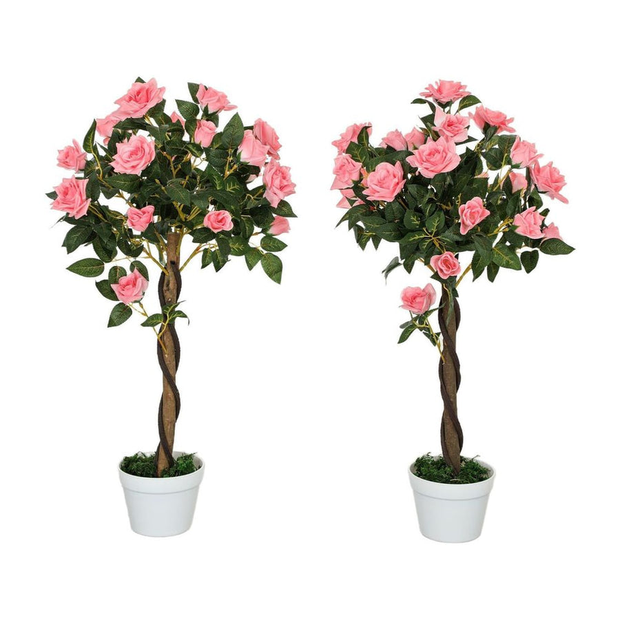 Outsunny Set of 2 Artificial Plants Pink Rose Floral in Pot, Fake Plants for Home Indoor Decor, 90cm
