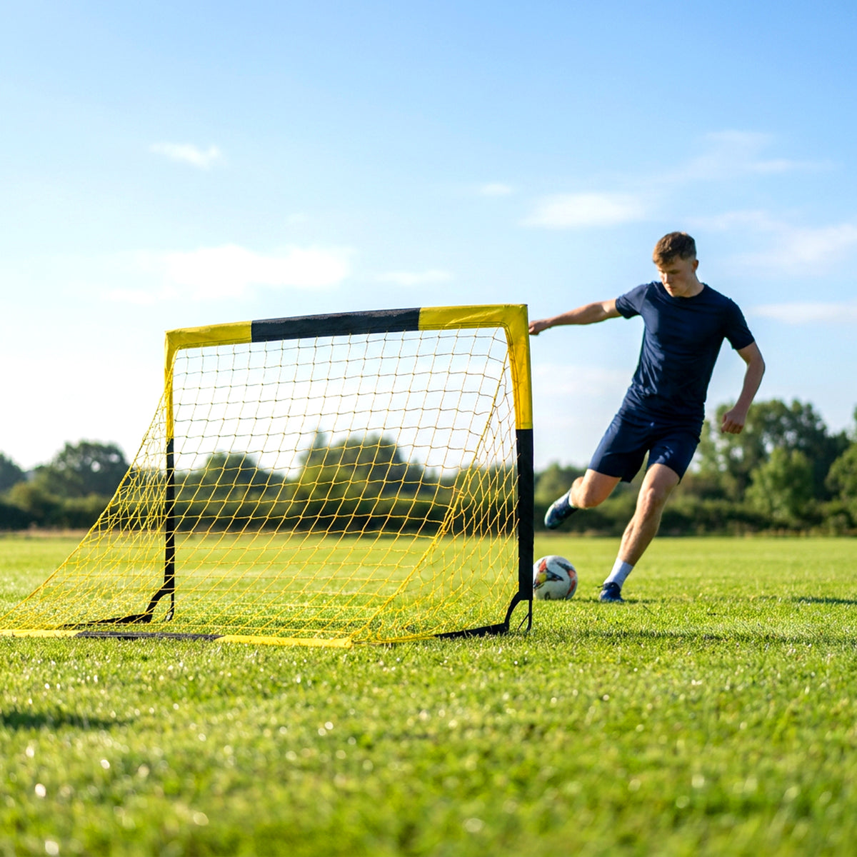 SPORTNOW Pop Up Football Goal, Portable Folding Football Net with Carry Bag, 4 U-Shaped Ground Stakes, Fibreglass Pole