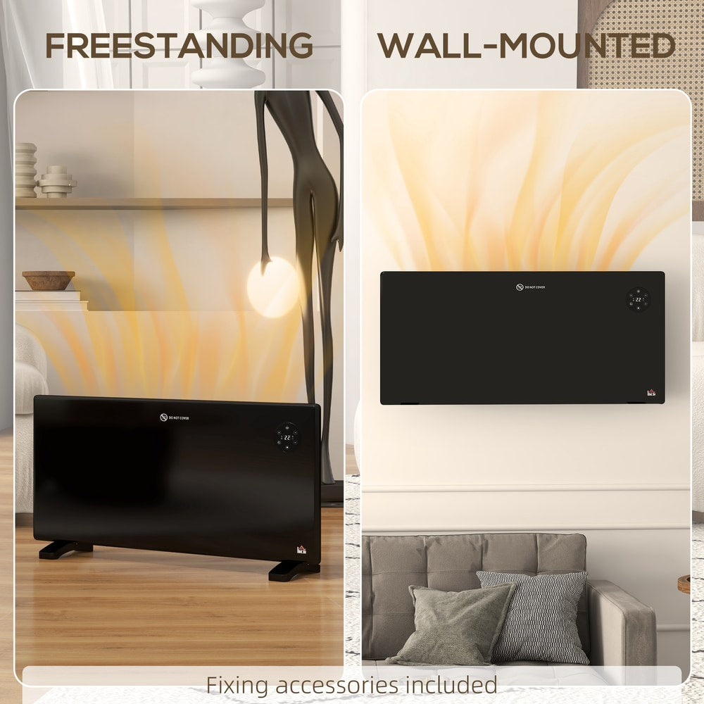 The electric convector heater shown freestanding with feet and wall-mounted with fixing accessories included