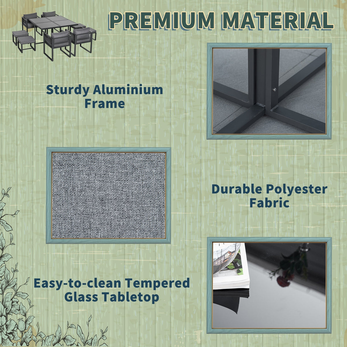 Outsunny Nine-Piece Aluminium Garden Set, with Glass-Top Table - Grey