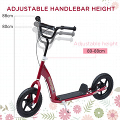 HOMCOM Kids Scooter Kick Scooter, with 12" EVA Tyres, Rear Brake, Big Wheels Scooter for 5-12 Years, Red