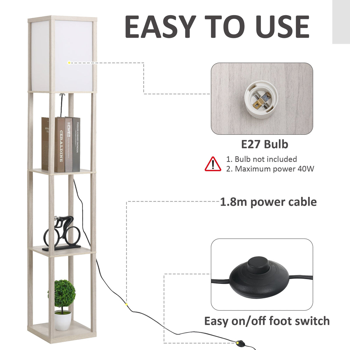 HOMCOM 3-Tier Floor Lamp, Floor Light with Storage Shelf, Reading Standing Lamp with Acrylic Shade for Living Room, Bedroom, Kitchen, Dining Room, Office, Dorm, 160cm, Oak