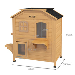PawHut 2-story Cat House Outdoor, Weatherproof Wooden Cat Enclosure for Feral Cats with Escape Door, Openable Roof, Jumping Platforms, Natural Wood Finish