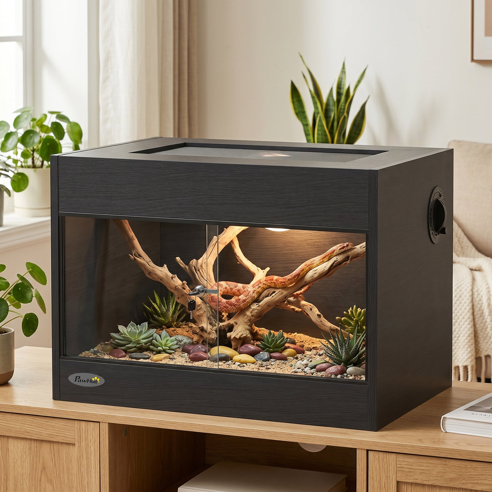 PawHut Reptile Terrarium, Reptile Vivarium with Glass Doors, Secure Lock, Top Ventilation for Snake, Gecko, 60x45x45cm, Black