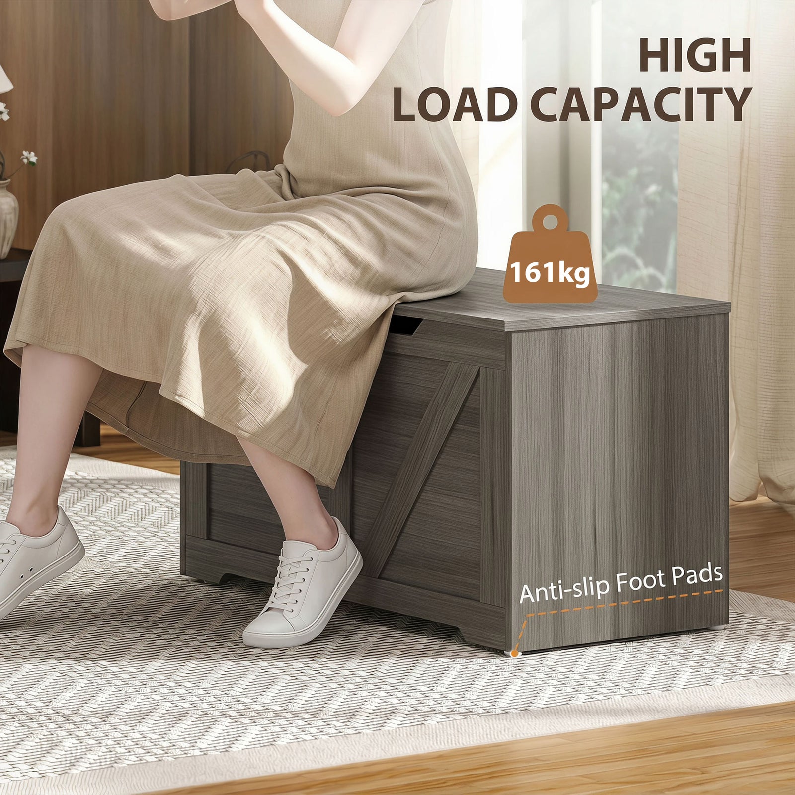 HOMCOM 127L Home Storage Box, with Safety Hinges - Dark Grey Wood-Effect