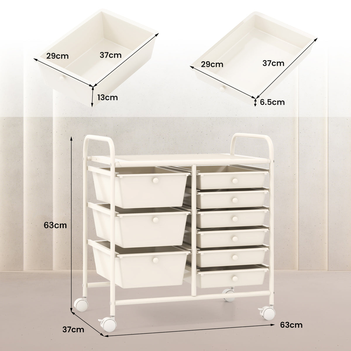 9-Drawer Rolling Storage Cart Tools Scrapbook Paper Organizer-White