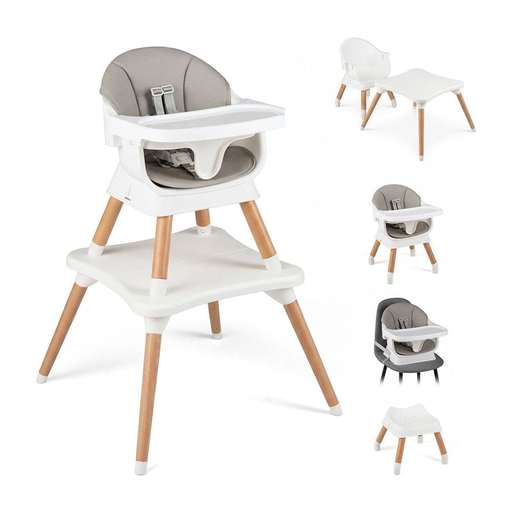 9-in-1 Convertible High Chair with solid wood legs and harness for babies in grey