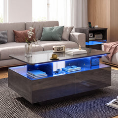 90 CM High LED Coffee Table with 2 Storage Drawers and 20-Color LED Lights-Grey