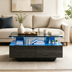90 CM High LED Coffee Table with 2 Storage Drawers and 20-Color LED Lights-Grey